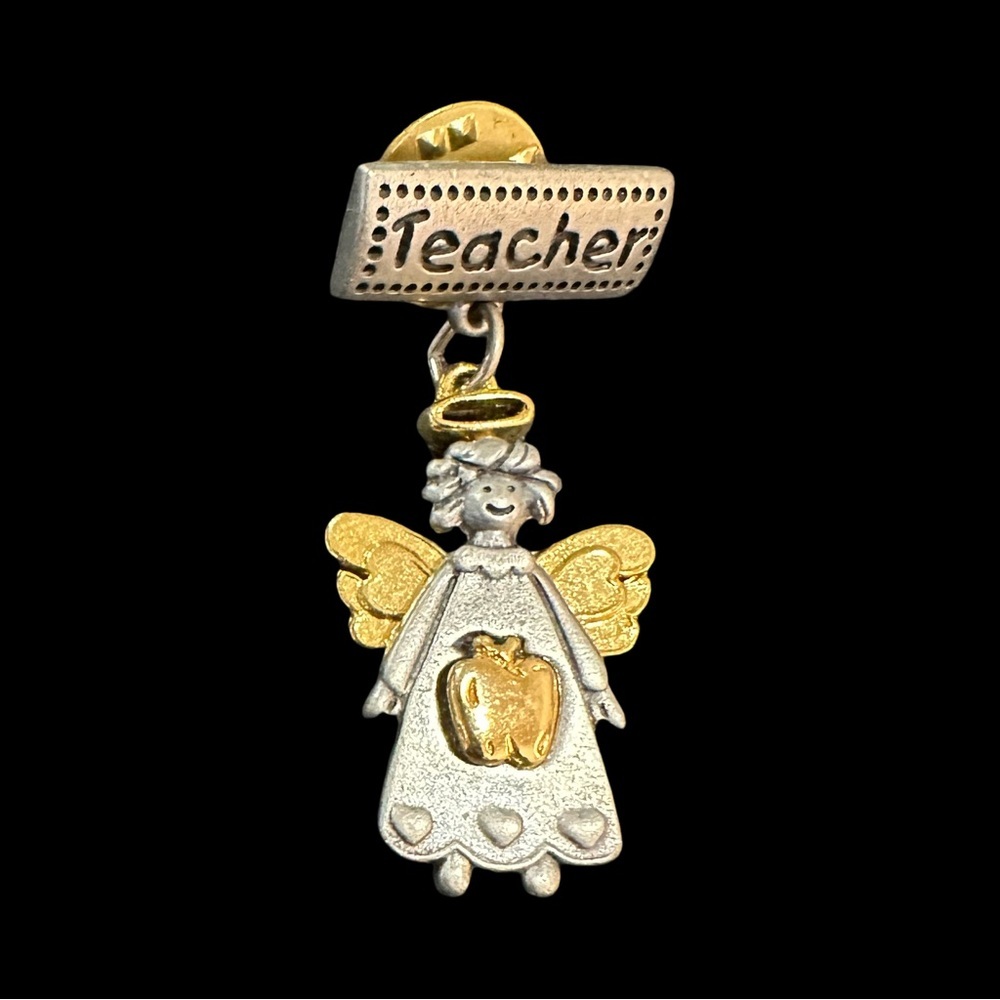 Vintage Teacher Angel Brooch and Little Golden Apple Lapel Pin